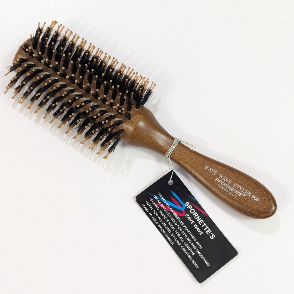 Spornette Boar Bristle Rave Wave Styler Rounder Brush #66 Nylon Tips Wood Handle